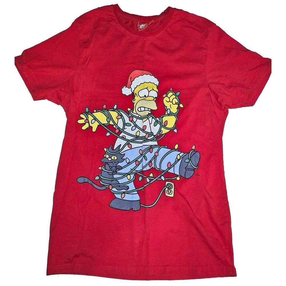The Simpsons Matt Groening LG Red T-shirt Women Homer Simpson Christmas Lights